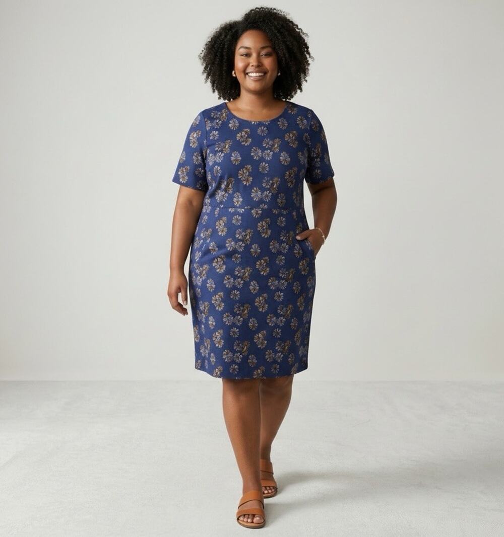 Lands End Shift Dress Women's Plus Size 20 Blue Floral Stretch Wedding Guest
